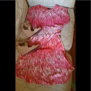 Express Coral/Creme Silky High Low Print Dress